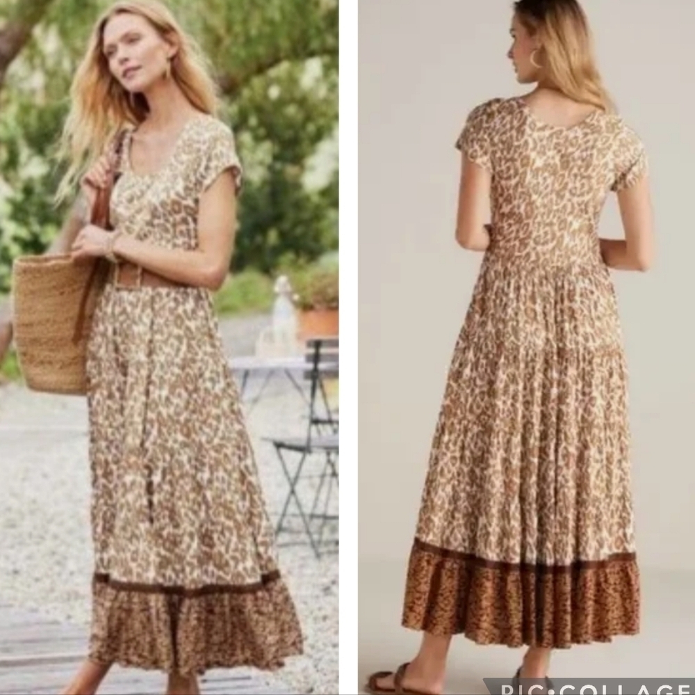 Soft Surroundings Kara Tiered Maxi Dress Brown Animal Print Size Medium Petite